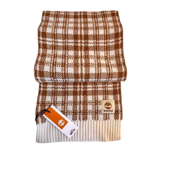 Timberland Buffalo Plaid Knit Scarf Tan & Off White 10" x 60" Unisex Classic - Picture 2 of 9
